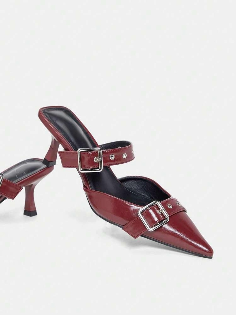 Faux leather Pointed toe double Buckle Mule heels Burgundy maroon - Picture 5 of 5